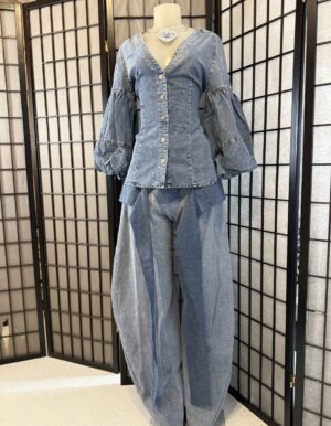 Denim Belted Balloon Sleeved V Neck